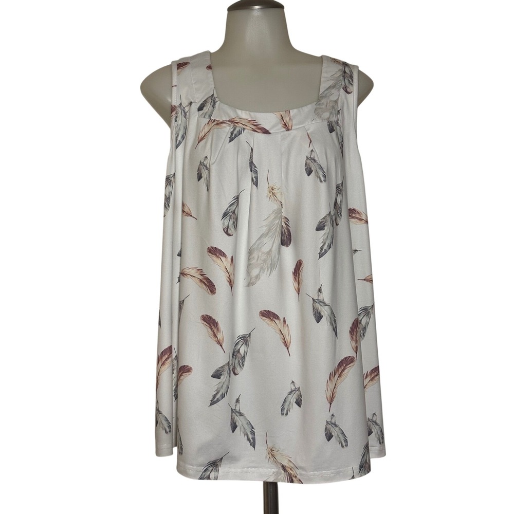Tank Top Womens 1XL White Feather Print NWOT Boho Pleated Sleeveless Nature Soft